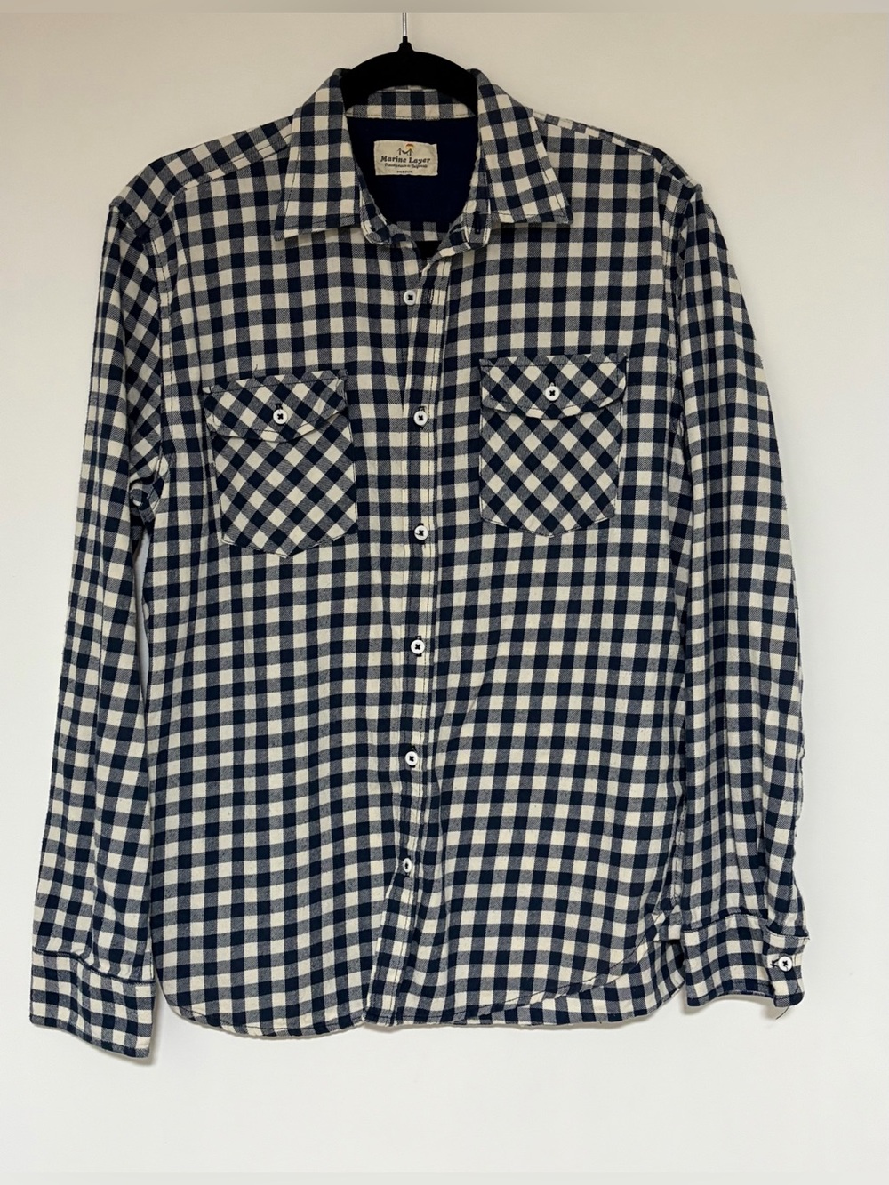 Marine Layer Men’s Blue and White Plaid Print Long Sleeve Flannel Size Medium